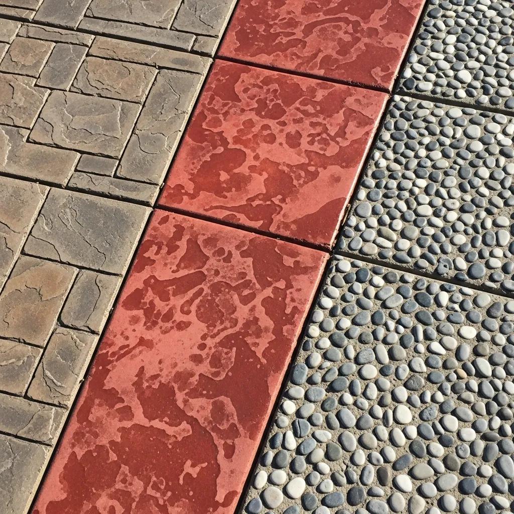 Close-up of different concrete patio designs showcasing textures and colors