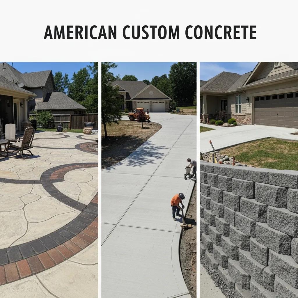 Collage of concrete services including patio, driveway, and retaining wall showcasing versatility