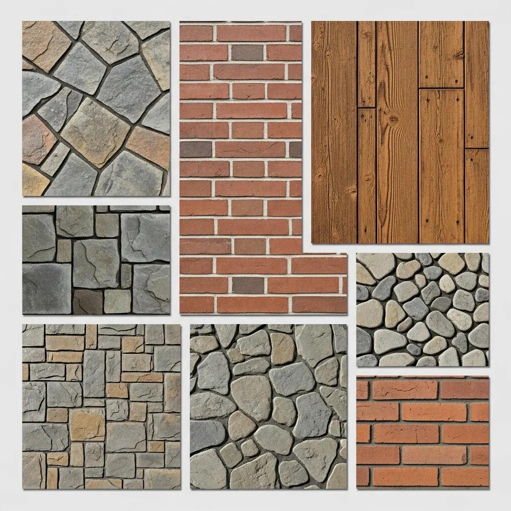 Collage of stamped concrete patterns including stone, brick, and wood designs