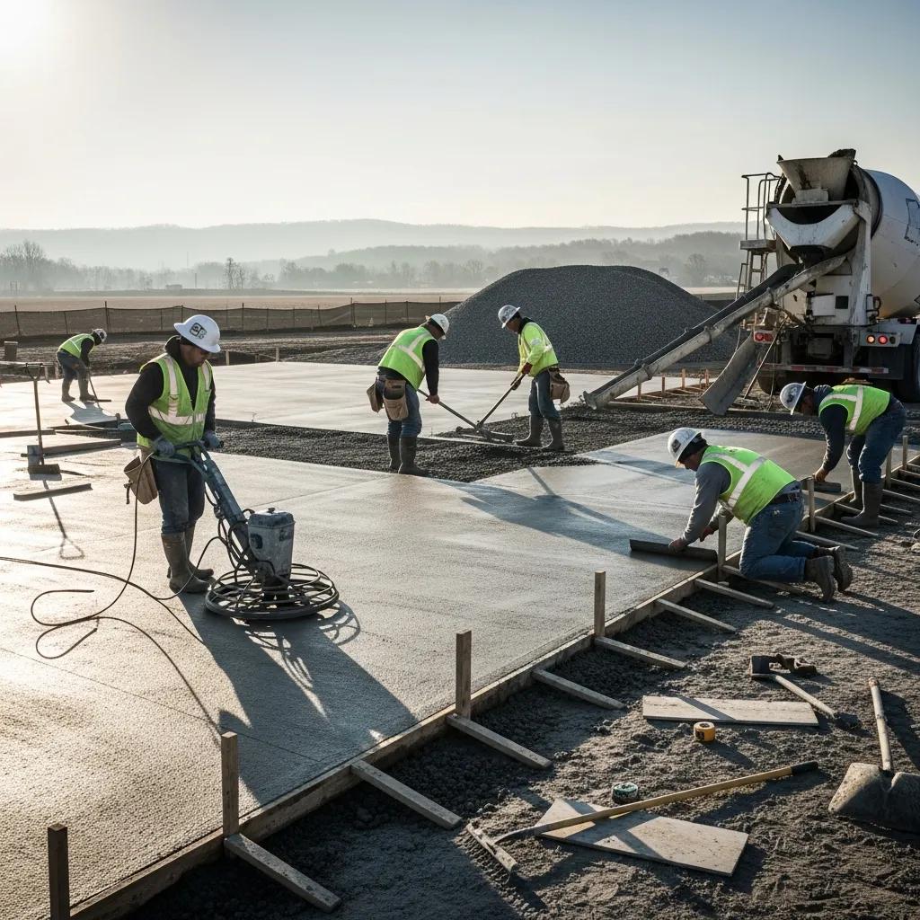Commercial concrete flatwork project with workers pouring a concrete slab in Virginia