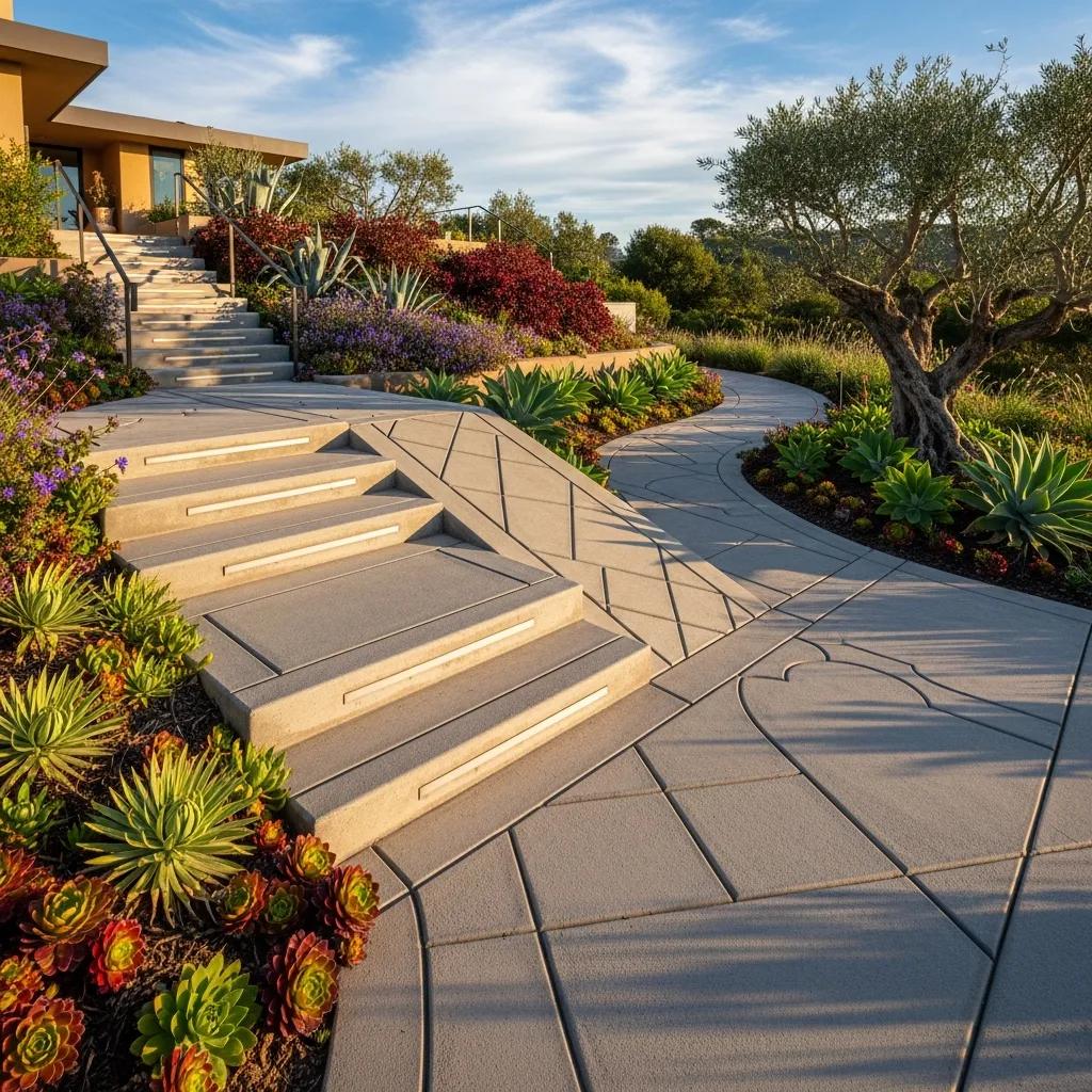 Completed custom concrete stairs and pathways enhancing accessibility and aesthetics
