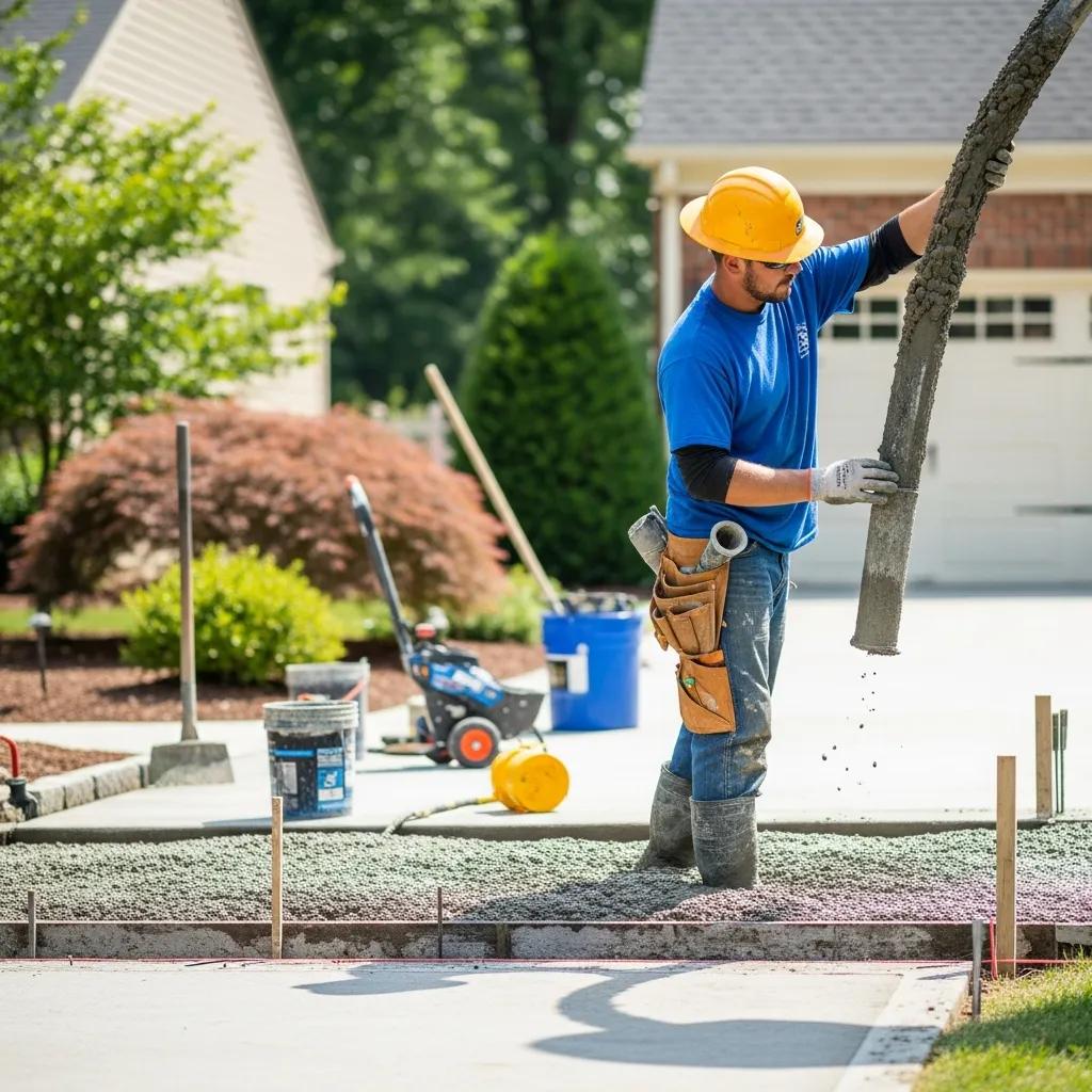 Concrete contractor pouring driveway in Fredericksburg, showcasing quality concrete services