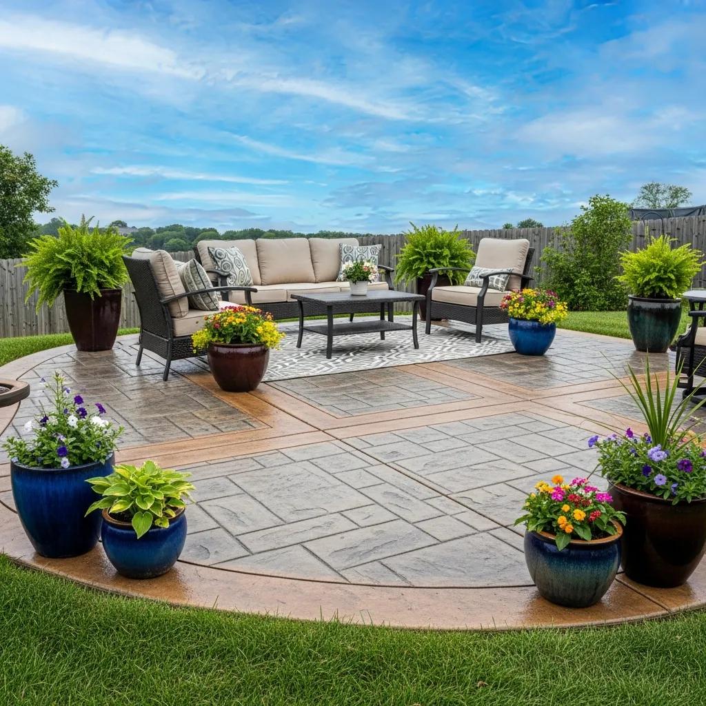 Concrete patio design in Fredericksburg VA with stamped and stained patterns