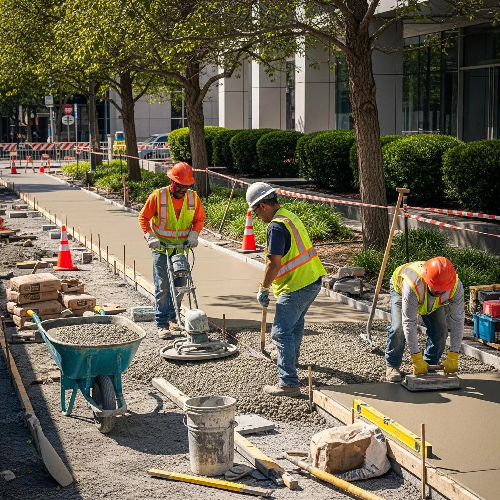 Concrete sidewalk installation with workers pouring and finishing concrete in an urban environment
