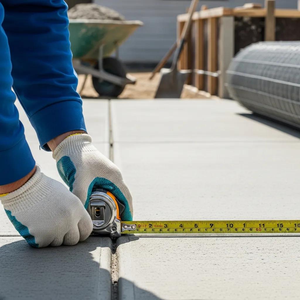 Construction worker measuring a concrete driveway with tools and materials