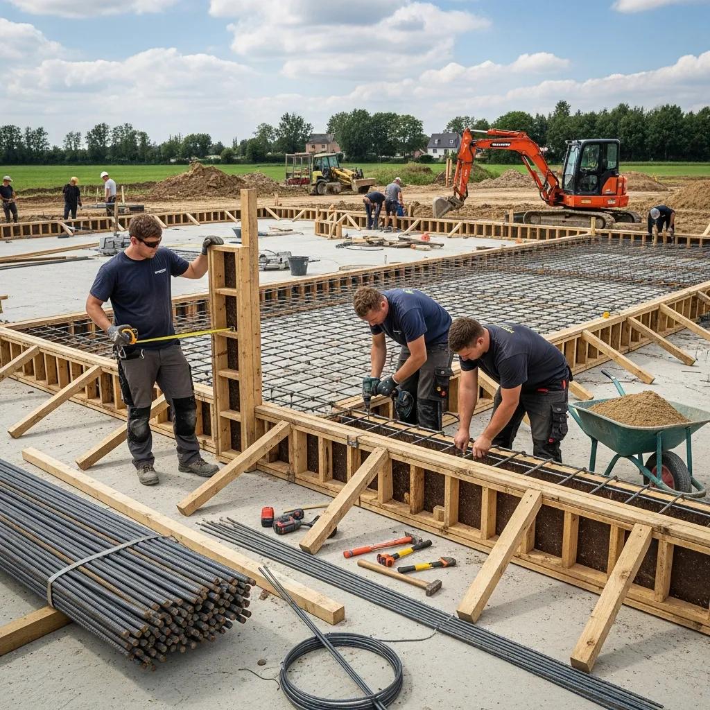 Construction workers setting up formwork and rebar for concrete slab installation