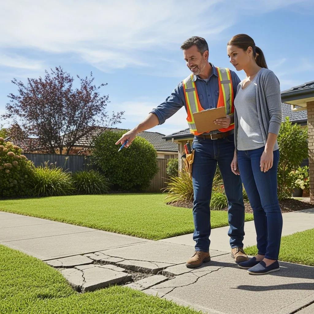 Contractor consulting with homeowner about sidewalk repair, showcasing professionalism and reliability