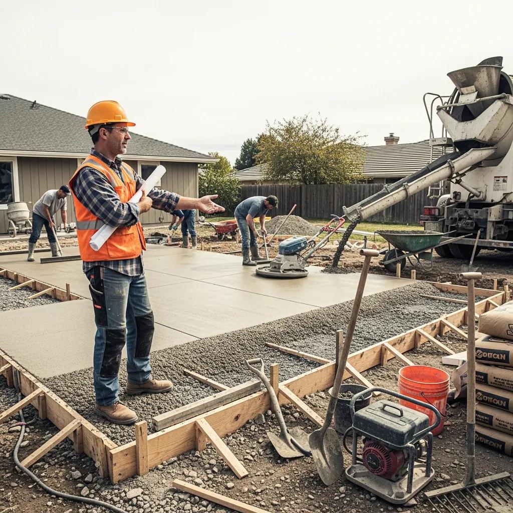 Contractor installing a concrete patio, highlighting professional workmanship