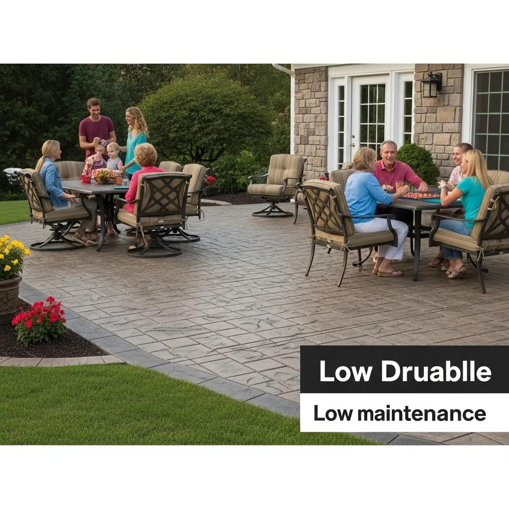 Family enjoying a stamped concrete patio, highlighting its durability and aesthetic appeal