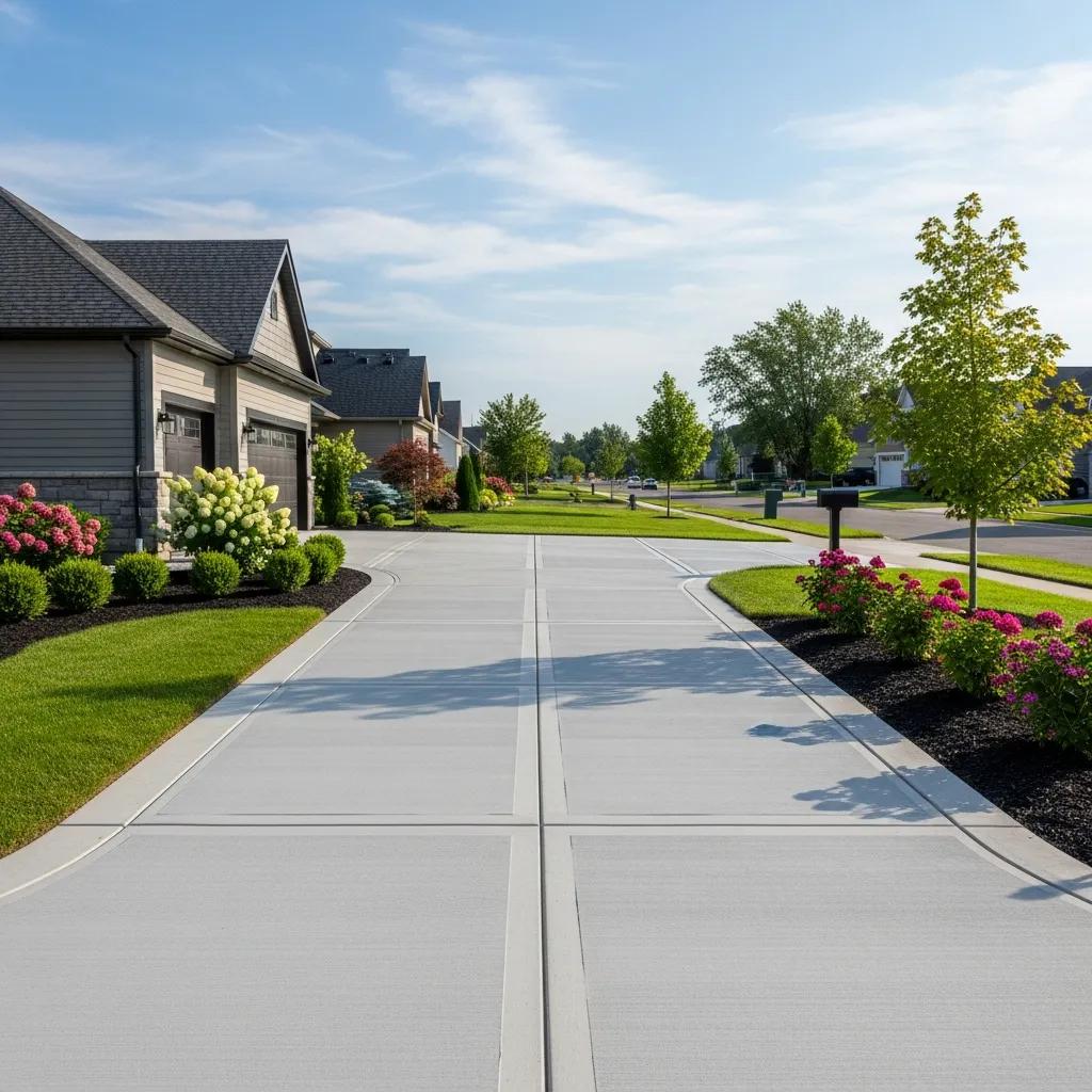 Freshly installed concrete driveway in a suburban setting with landscaping