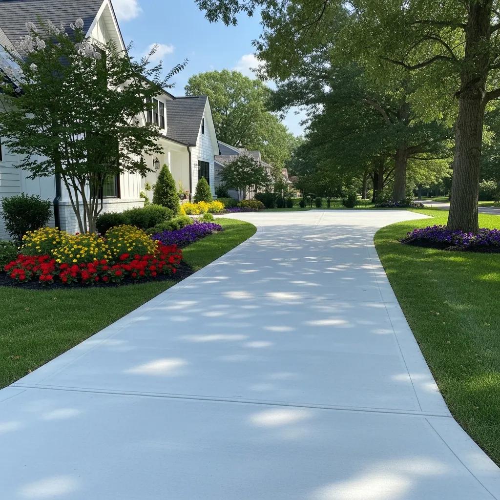 Freshly installed concrete driveway with landscaping in Fredericksburg
