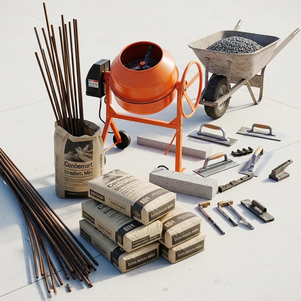 High-quality concrete materials and tools for sidewalk construction, emphasizing durability and technique