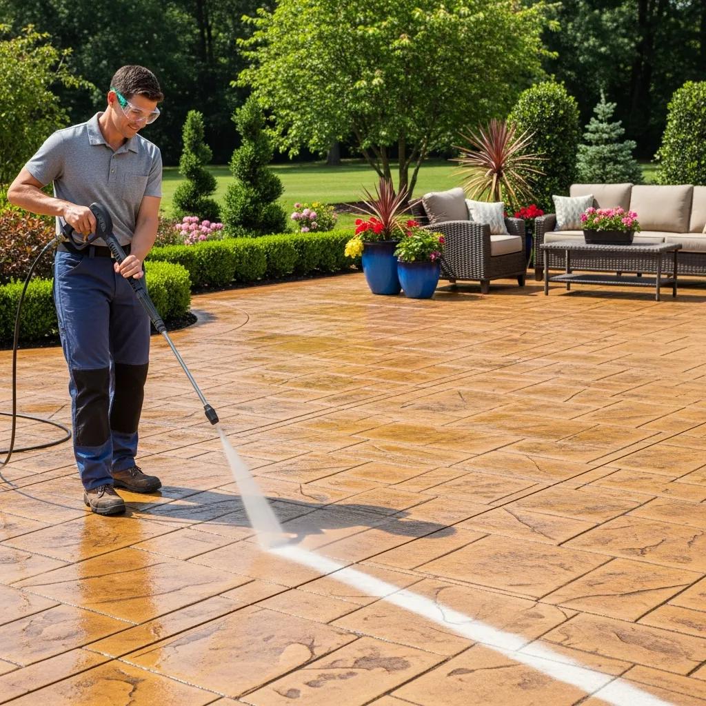 Homeowner cleaning decorative concrete patio with a pressure washer in a well-maintained outdoor space