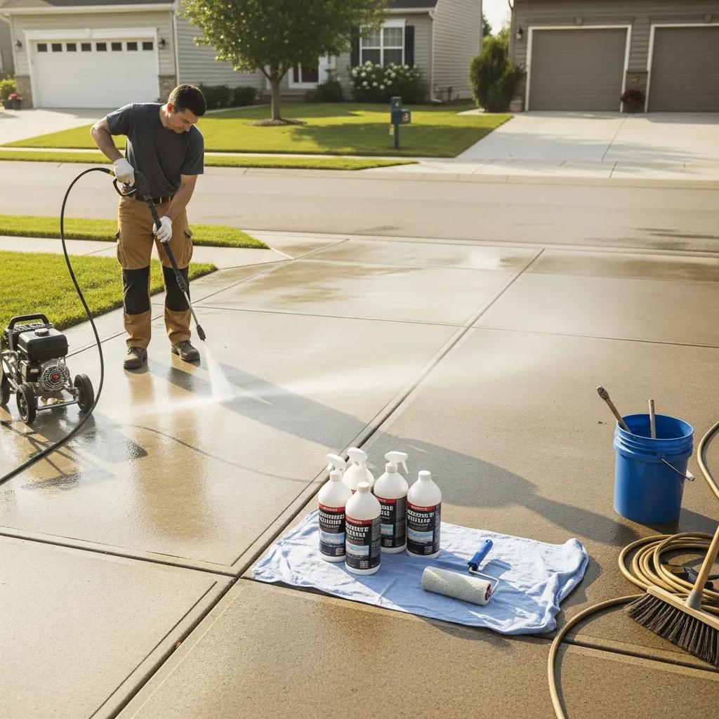 Homeowner maintaining concrete driveway with pressure washer and sealer