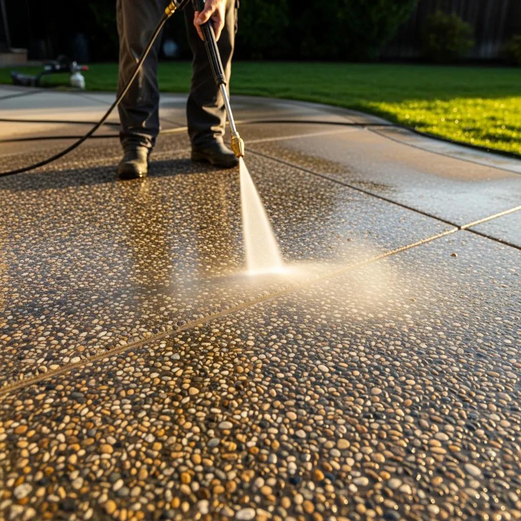 Homeowner maintaining exposed aggregate concrete with a pressure washer for longevity