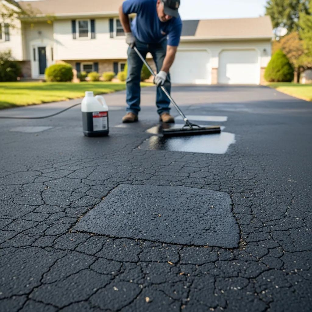 Homeowner performing maintenance on an asphalt driveway, highlighting wear and upkeep