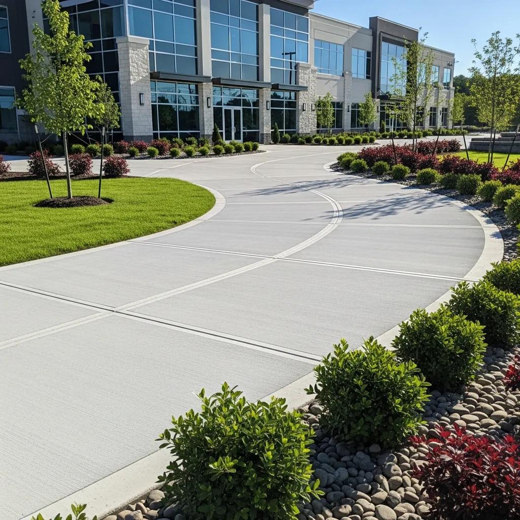 Newly installed concrete driveway with landscaping and a commercial building