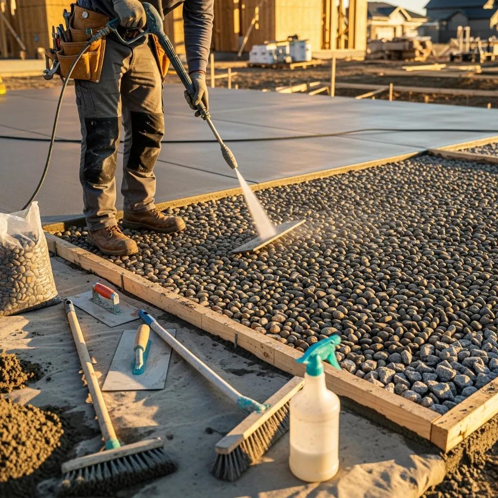 Professional contractor installing exposed aggregate concrete, showcasing the installation process