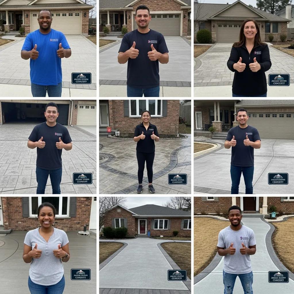 Satisfied clients showcasing completed concrete projects with smiles and thumbs up