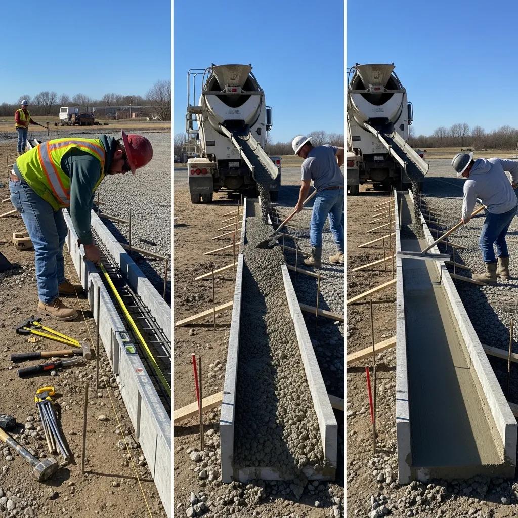 Step-by-step installation process of concrete curbs and gutters at a commercial site in Virginia