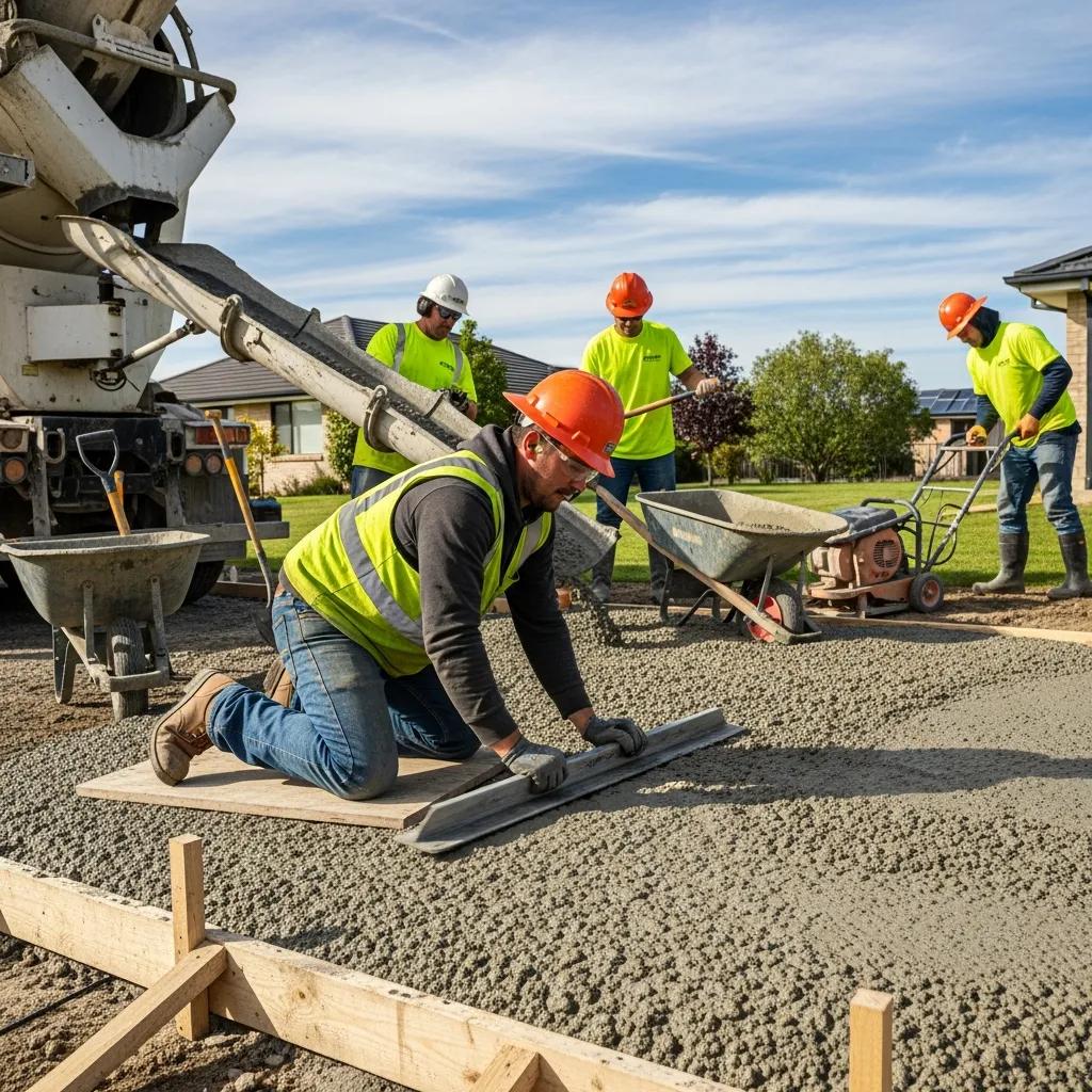 Team of professionals pouring concrete into a driveway mold during installation