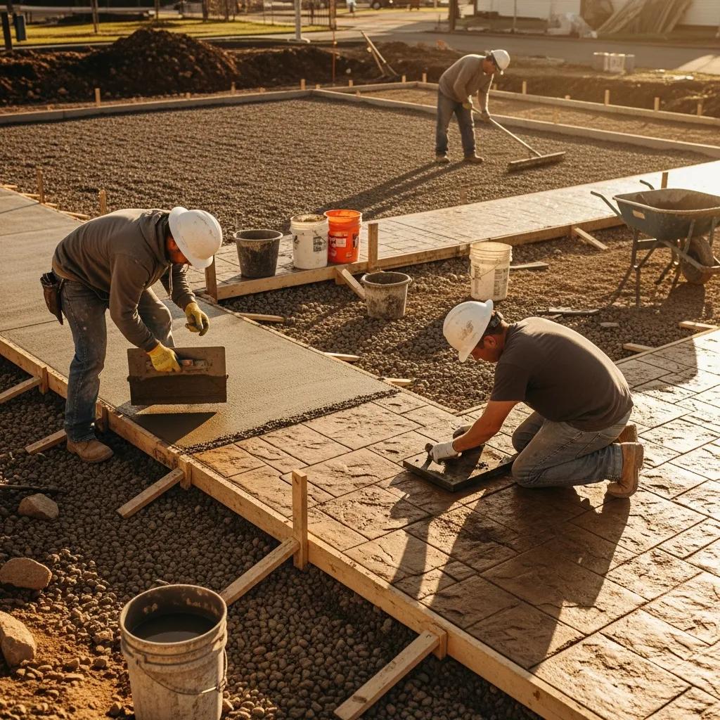 Workers installing decorative concrete with tools and materials in a well-prepared outdoor site
