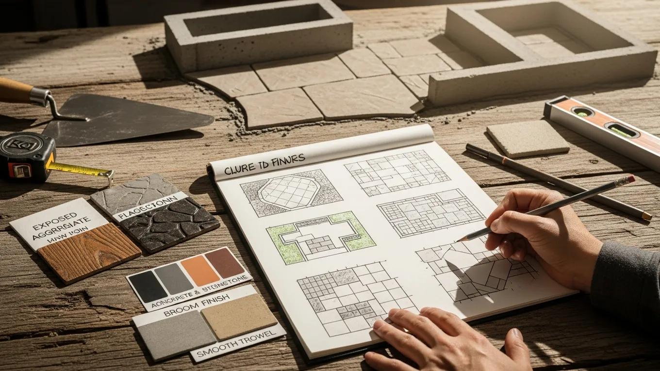 A designer working on concrete patio plans, showcasing design techniques and color samples for outdoor spaces