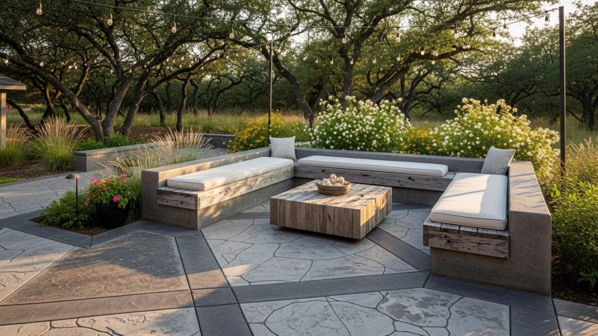 A stunning concrete patio in Fredericksburg, VA, featuring decorative patterns and integrated seating surrounded by greenery