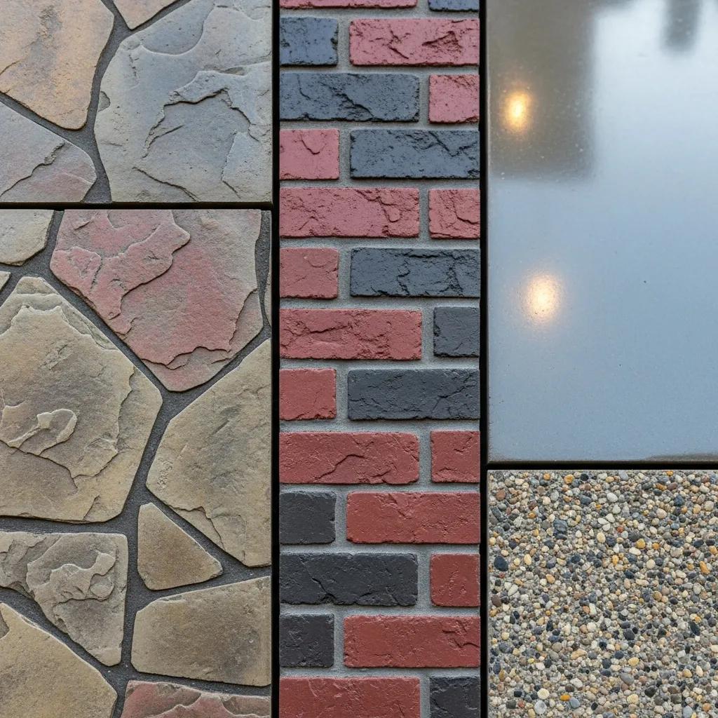 Close-up of decorative concrete finishes showcasing textures and colors