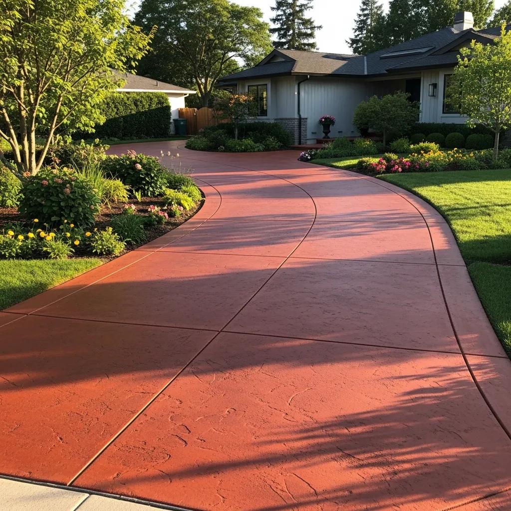 Colored and textured concrete driveway enhancing residential aesthetics