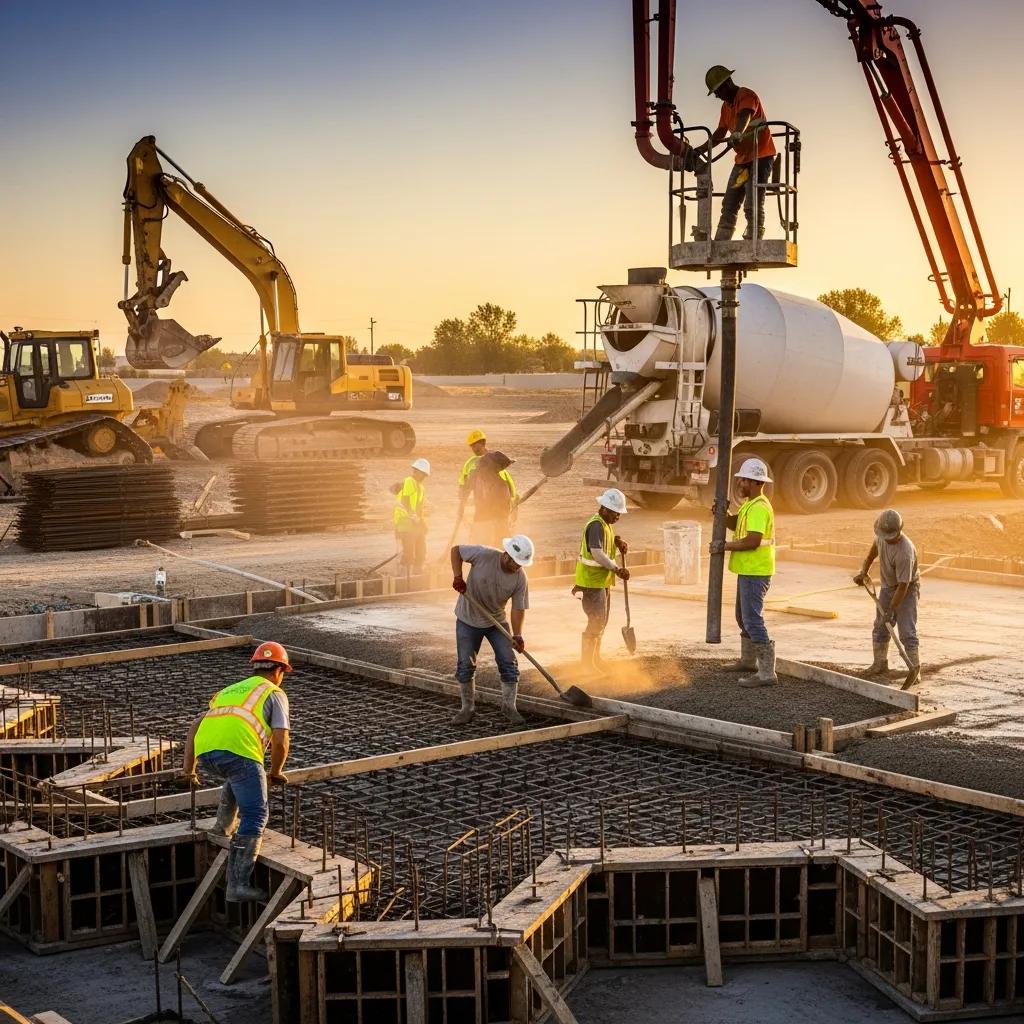 Commercial concrete contractor pouring concrete at a construction site