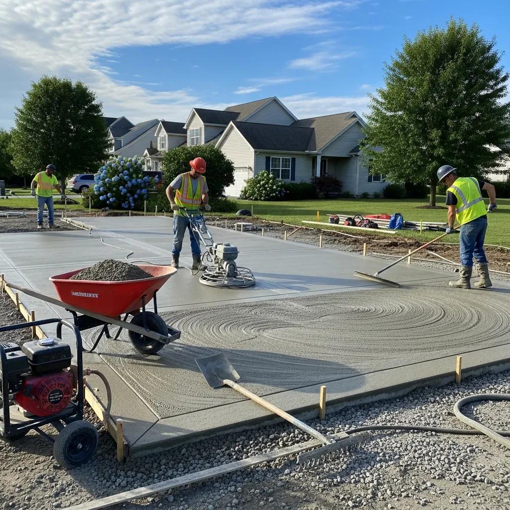 Concrete driveway construction with workers and tools in a suburban setting