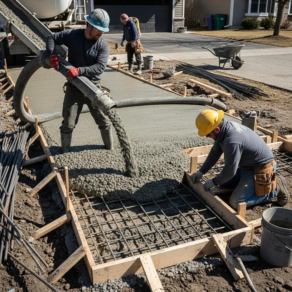 Concrete driveway construction with workers pouring and reinforcing with rebar