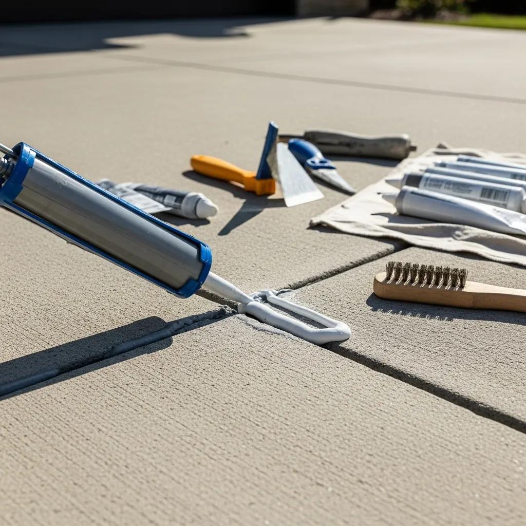 Concrete driveway with visible repairs and tools, highlighting durability and maintenance