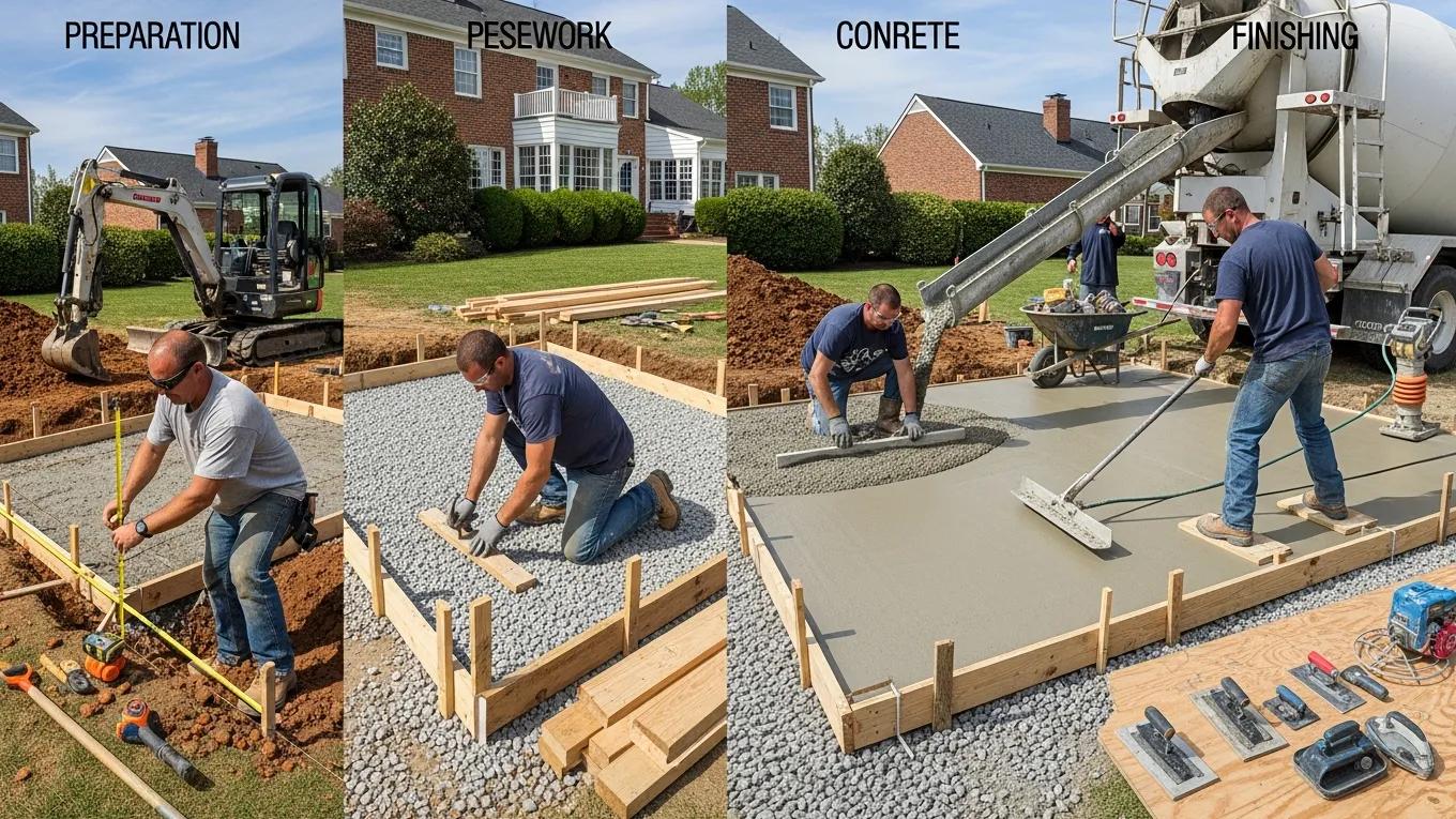 Concrete patio installation process showing pouring and finishing steps