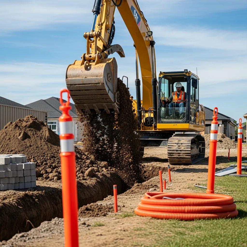 Construction worker operating an excavator for driveway excavation