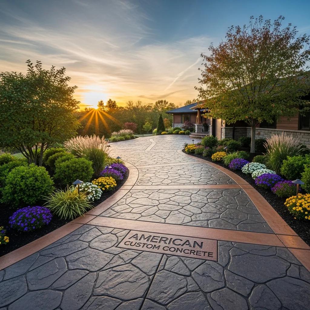 Custom concrete driveway with decorative finishes enhancing property aesthetics