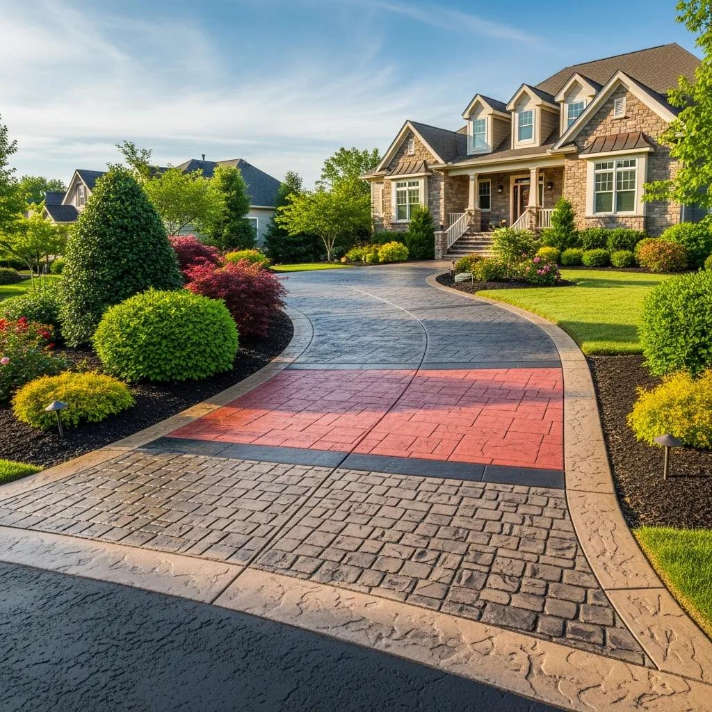Decorative concrete driveway with various finishes enhancing curb appeal