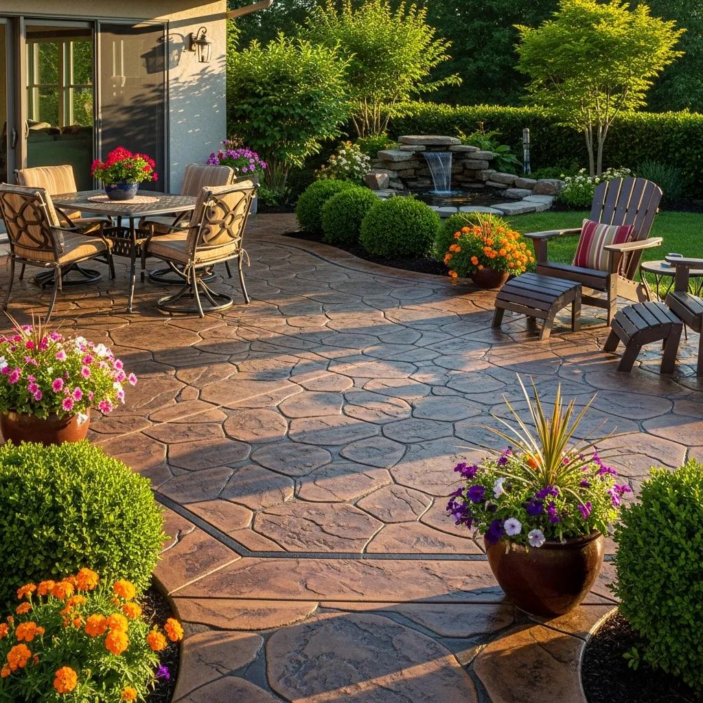 Decorative concrete patio with stamped patterns and vibrant colors in an outdoor setting