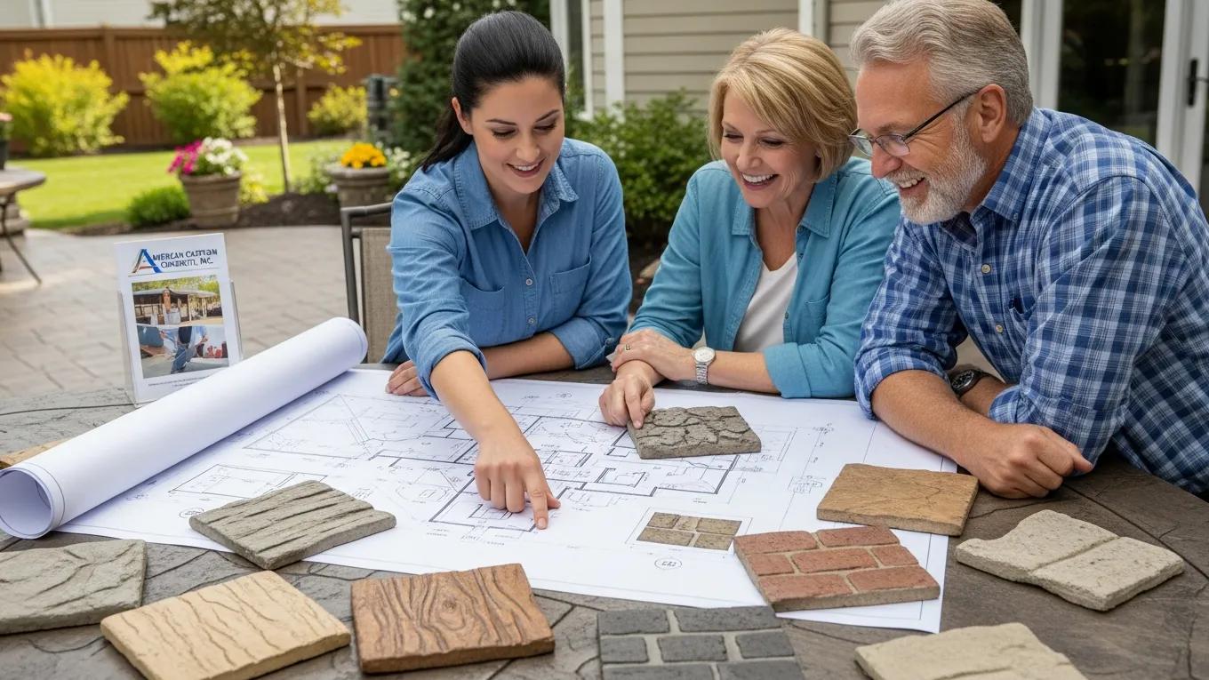 Designer collaborating with homeowners on custom stamped concrete patio designs