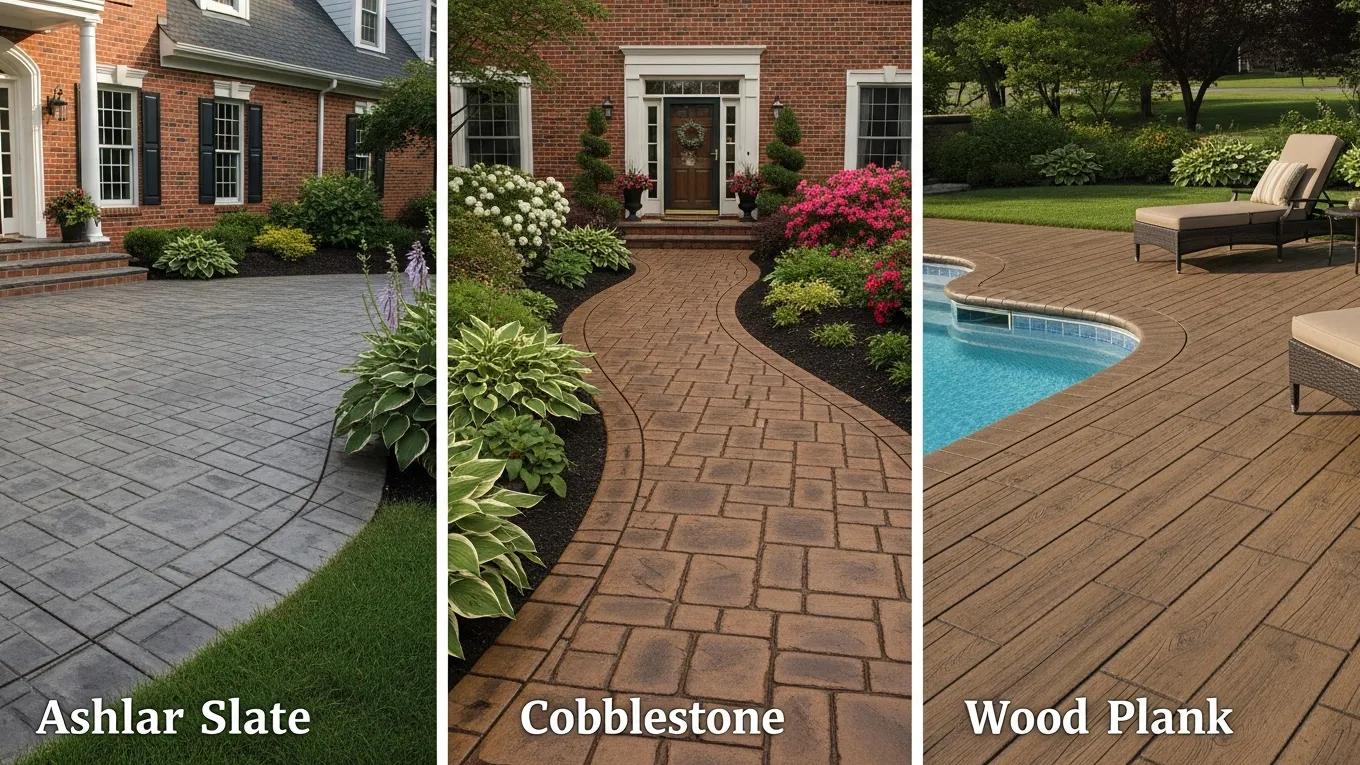 Display of popular stamped concrete patterns and colors for patios in Fredericksburg