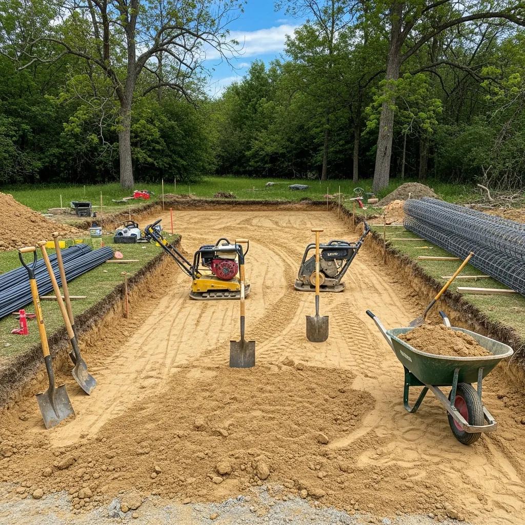 Driveway site preparation for concrete installation with tools and clear sky
