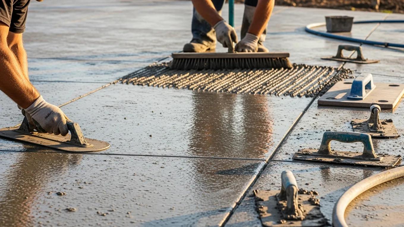 Finishing techniques applied to concrete patio, demonstrating craftsmanship and detail