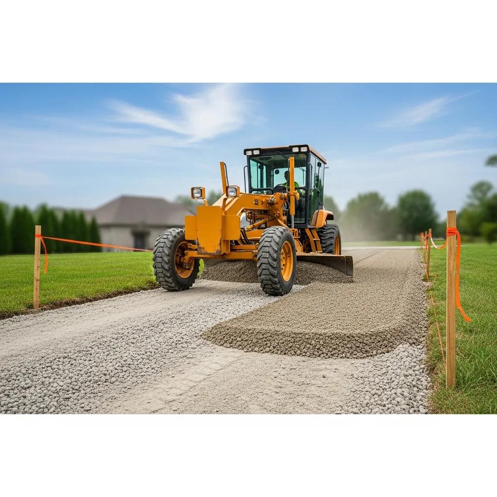 Grading machine leveling driveway surface for proper drainage