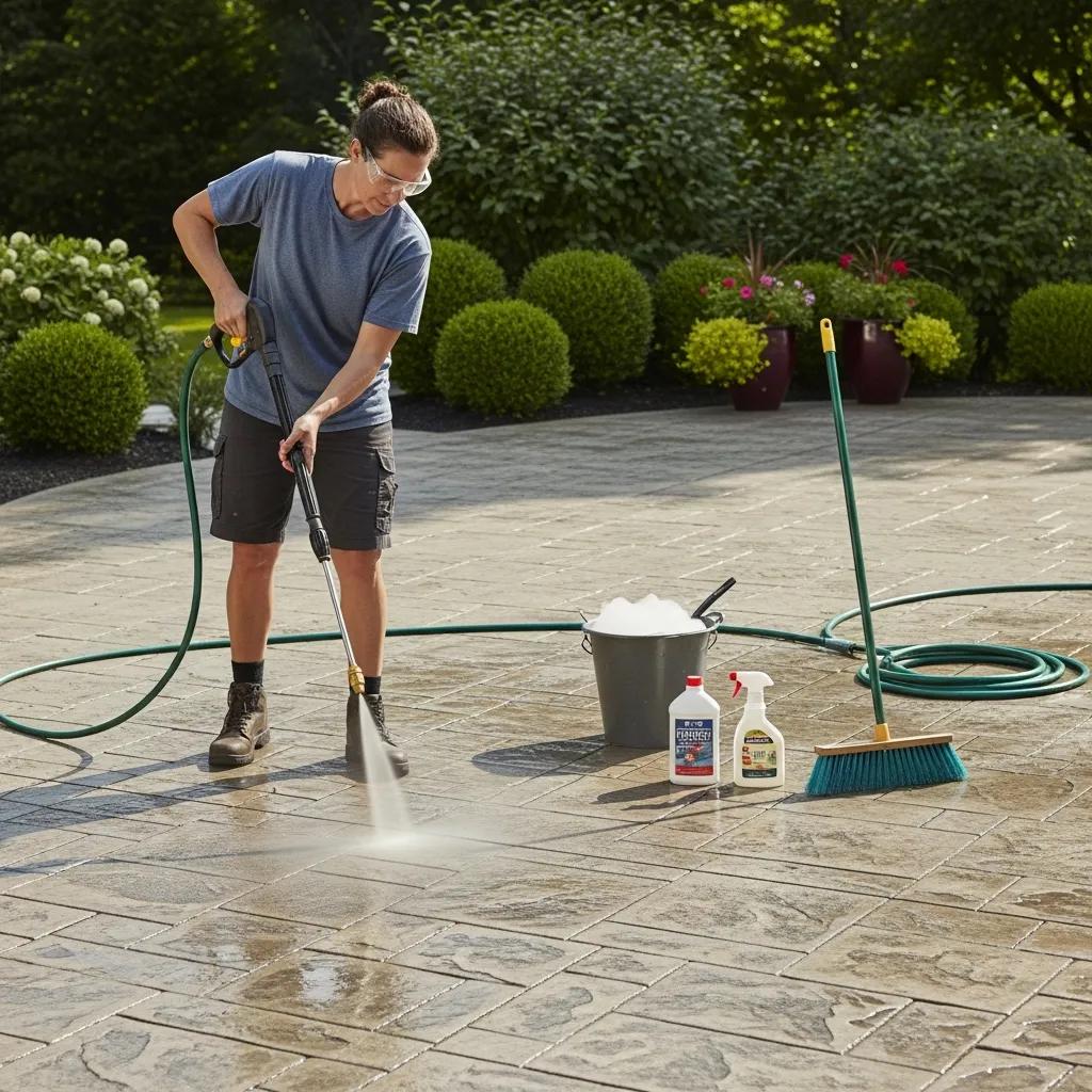 Homeowner cleaning decorative concrete surface with a pressure washer, demonstrating maintenance tips