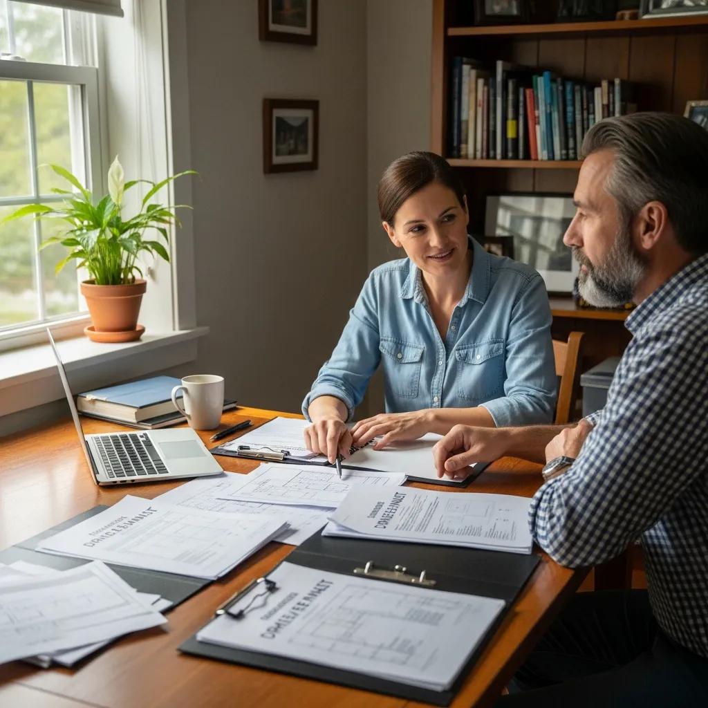 Homeowner consulting with contractor about driveway permit documents