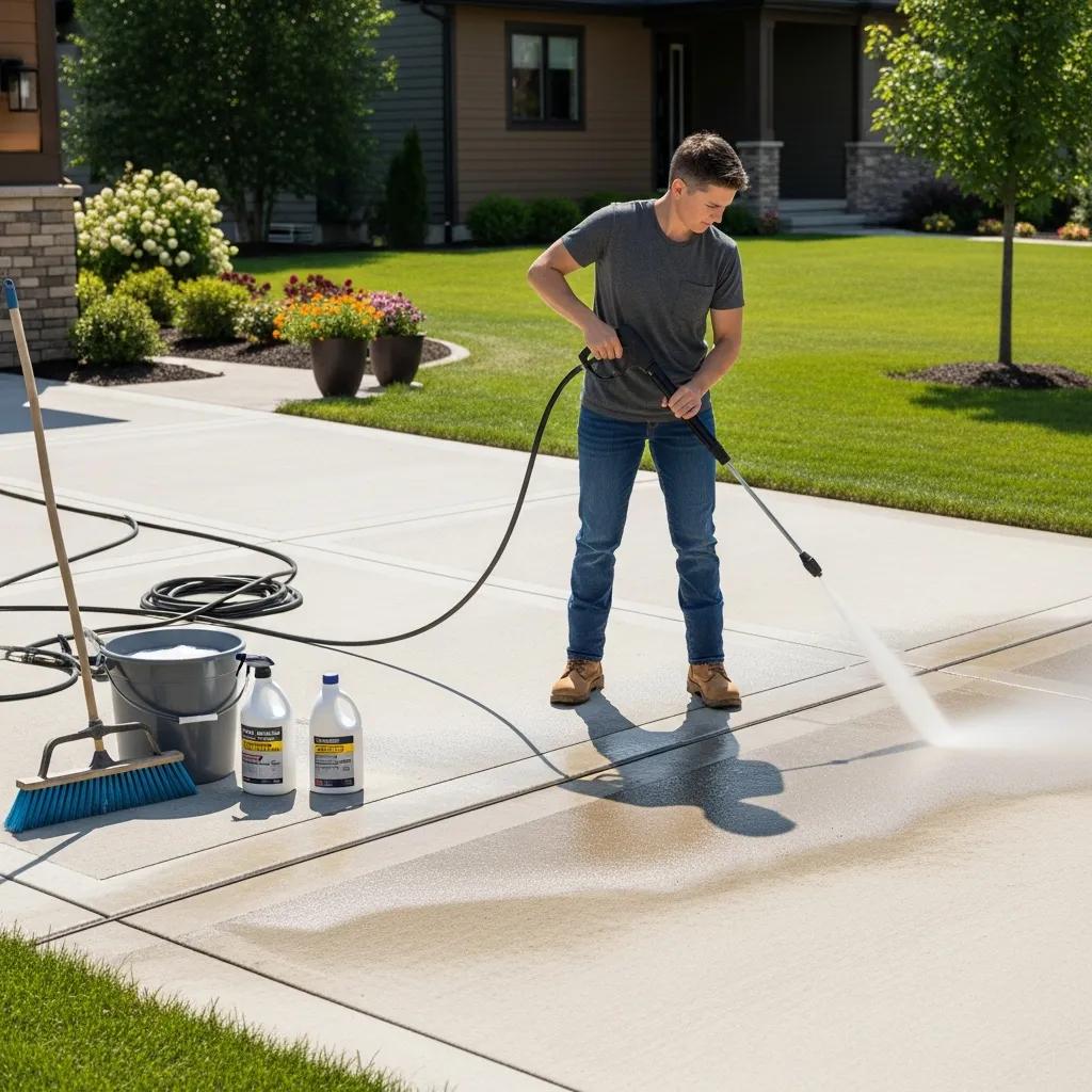 Homeowner maintaining a reinforced concrete driveway with cleaning tools