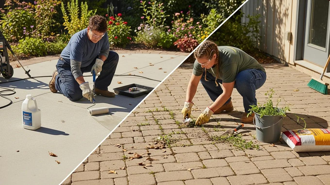 Maintenance tasks for concrete and paver patios being performed outdoors