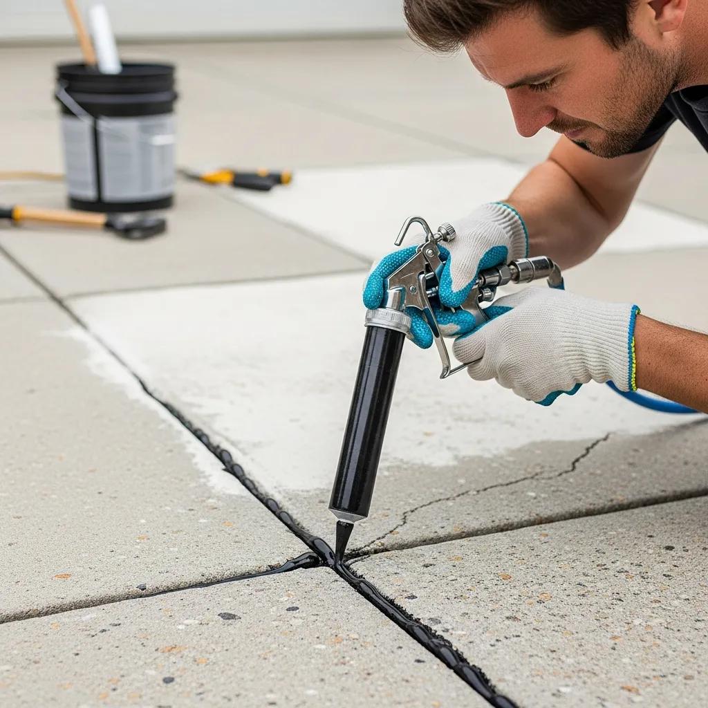 Professional applying crack sealing techniques on a concrete driveway, showcasing repair process