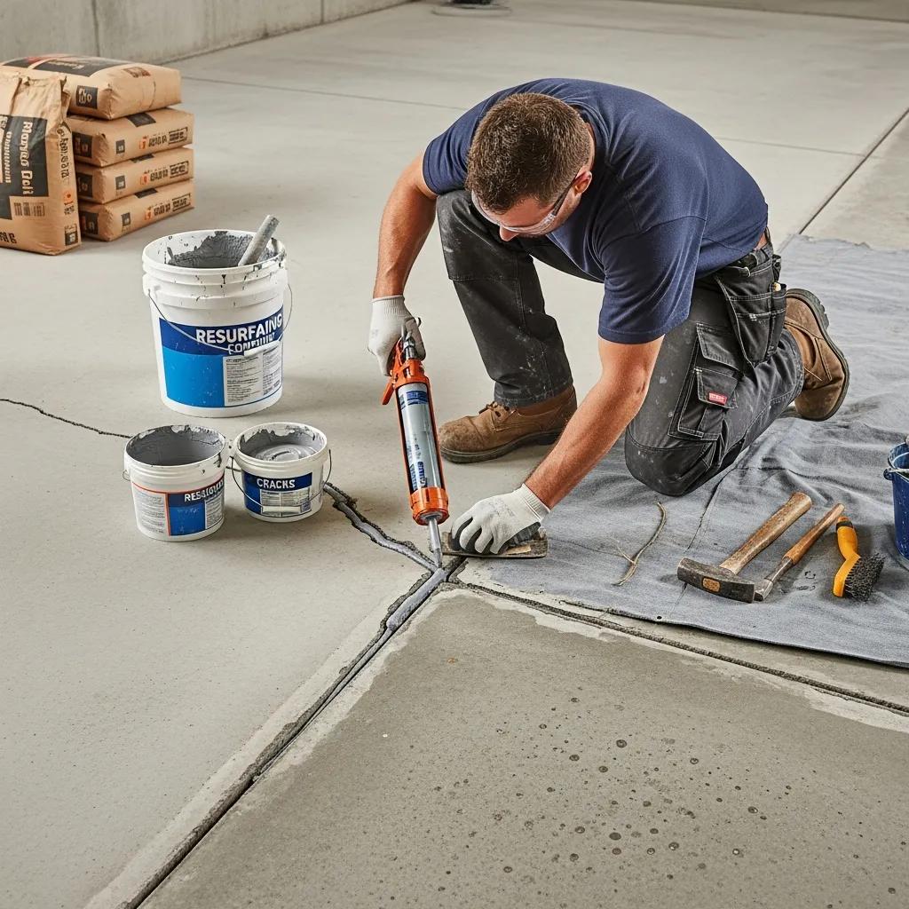 Professional repairing concrete surfaces with crack filling and resurfacing techniques